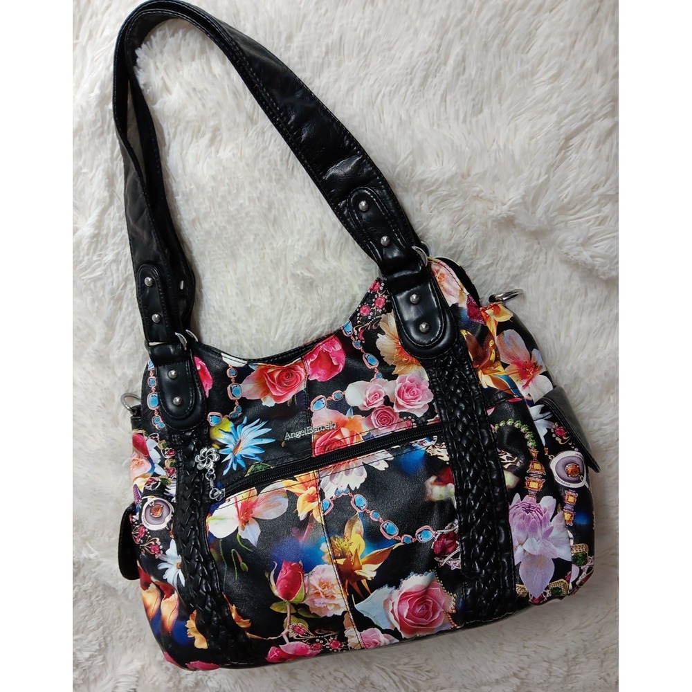 Angel Barcelo Black PU  Leather‎ Floral Fashion  Shoulder Bag Boho Soft